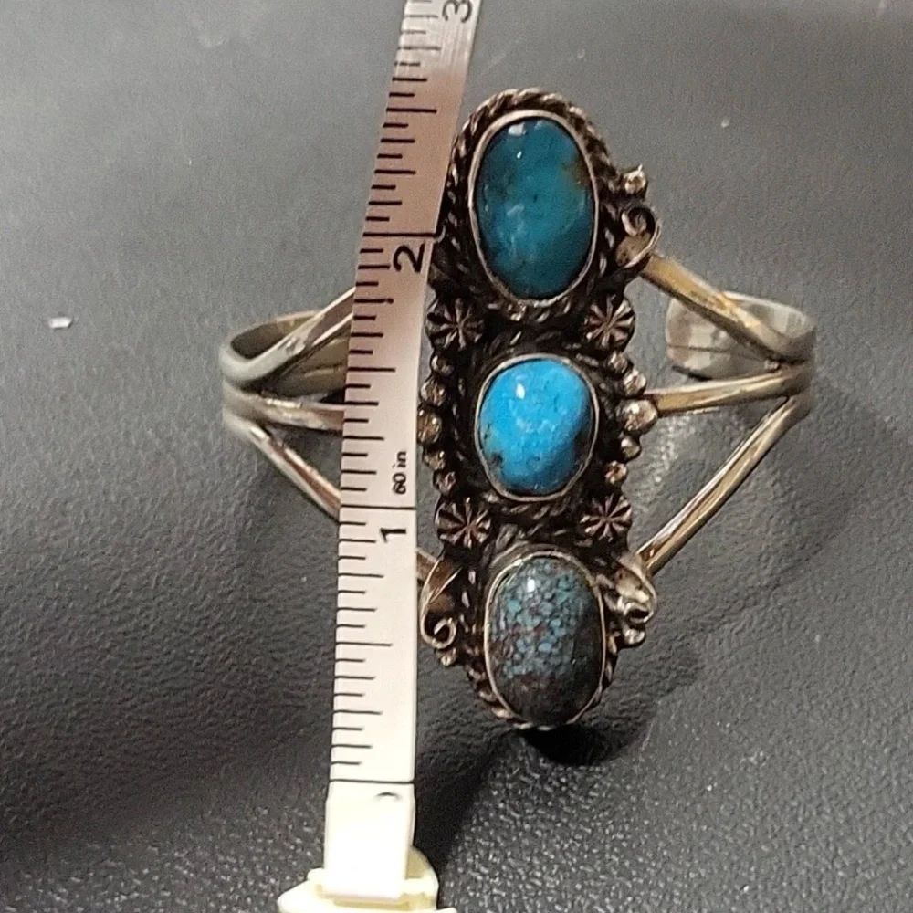 Native American Large Sterling Silver Triple Turquoise Stone Cuff Bracelet ... - Picture 14 of 14